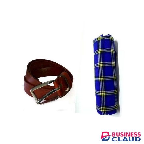 ens Brown Leather Belt With Maasai Shuka Combo