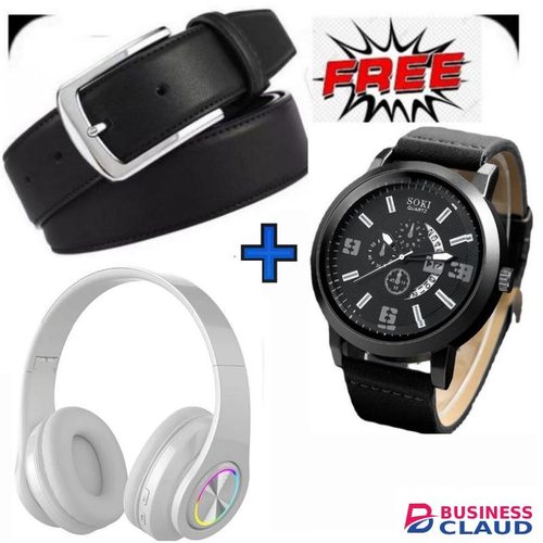 Quality Men Buckle Leather Belt+ Wireless Bluetooth Headphones-White + Leather Watch
