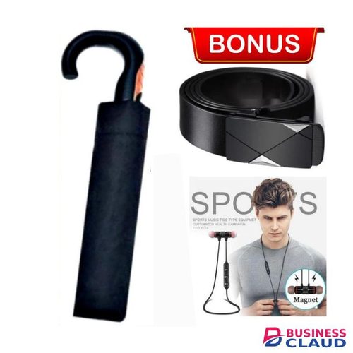 Premium Compact Folding Umbrella With Automatic Open Switch + BONUS BLUETOOTH EARPHONES // NECKBAND //EARFON & AUTOMATIC LEATHER DURABLE BELT
