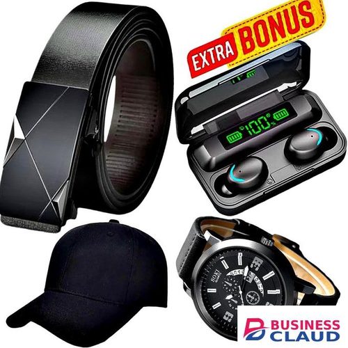 Buckle Leather Belt // Oraimo F9 Pro+ Earbuds // Quartz Watch // Baseball Cap