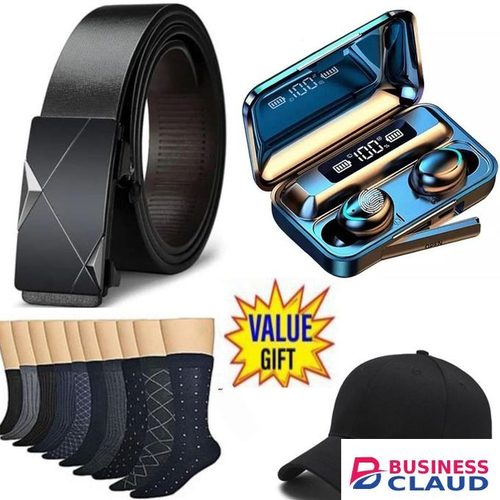 All Size Men Leather Buckle Belt +BT Earbuds + 5 Pairs Of Socks +Cap