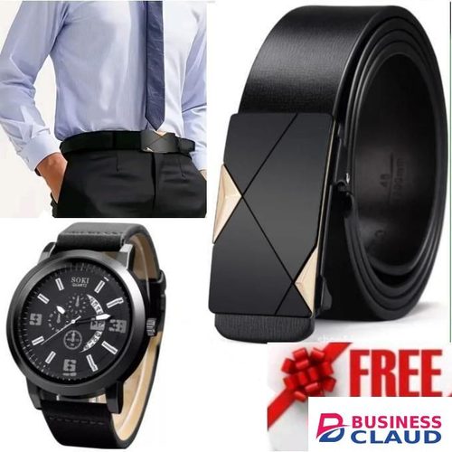 Black Leather Men's Belt with Automatic Buckle & Premium Wrist Watch Combo