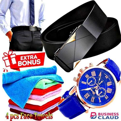 Buckle Leather Belt // Face Towels // Geneva Watch