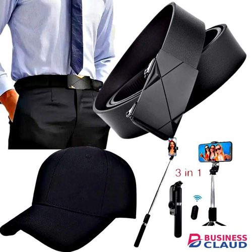 Buckle Leather Belt // Black Cap // 3 in 1 Selfie Stick