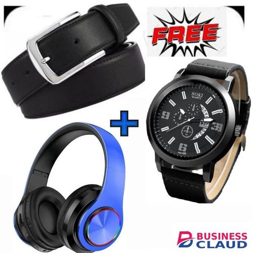 Quality Men Buckle Leather Belt+ Wireless Bluetooth Headphones- Black + Leather Watch