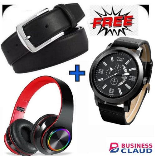 Quality Men Buckle Leather Belt+ Wireless Bluetooth Headphones+ Leather Watch
