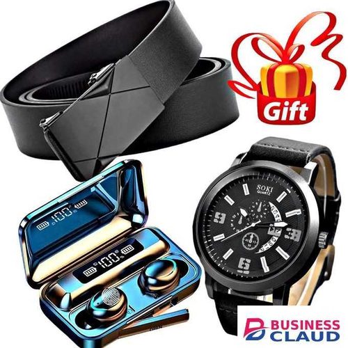 Buckle Leather Belt // TWS Bluetooth Earpods // Watch