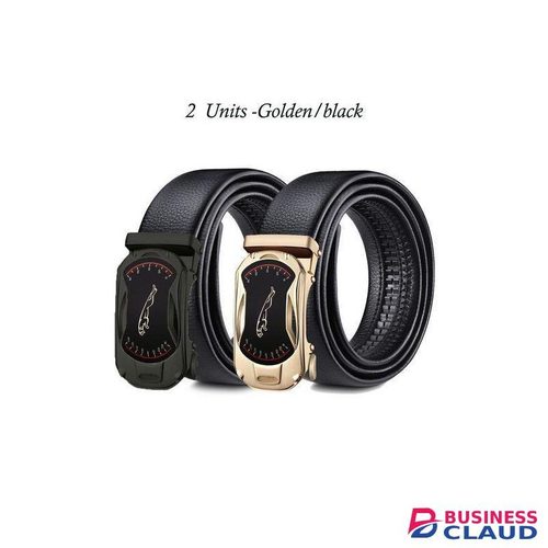 2 Pieces Leather Automatic Buckle Belt - Black And Golden