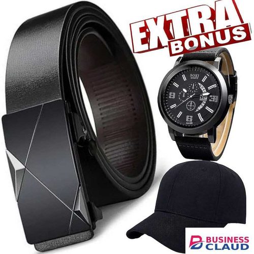 Buckle Leather Belt, Quartz Watch & Baseball Cap
