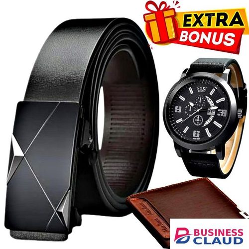 Buckle Leather Belt, Quartz Watch & Wallet