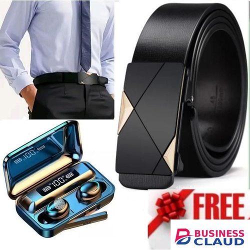 High-Quality Men’s Black Leather Automatic Buckle Belt and Bluetooth Wireless Earbuds
