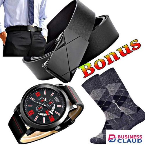 Buckle Leather Belt // 1 pair Socks // Watch