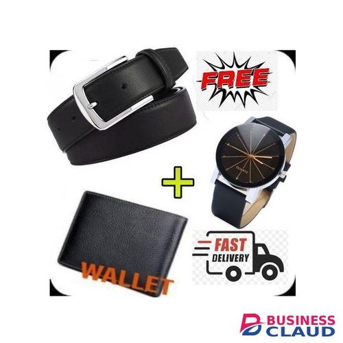 HighQuality Men Buckle Leather Belt- Black+Wallet + Watch