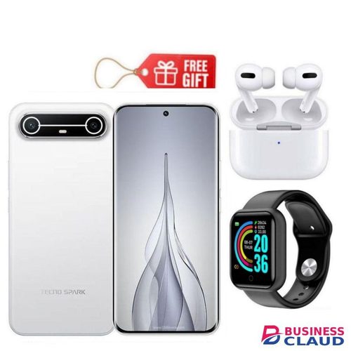 Tecno SPARK Slim, 6.78", 256GB + 8GB (Extended UPTO 16GB), 5160mAh, Slim White + Smart Watch & Airpods