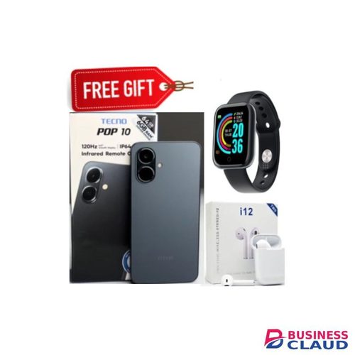 Tecno POP 10 Display: 6.67 Inches Upto 6GB Extended RAM + 64GB Storage, Battery: 5000 MAh--Black+ Smart Watch+Earpods