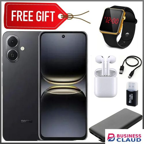 Tecno POP 10 Display: 6.67 inches Upto 8GB extended RAM + 128GB Storage, Battery: 5000 mAh--Black+LEDwatch+Cable+Earpods+Cardreader+Powerbank