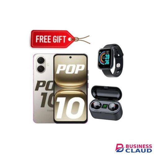 Tecno POP 10 Display: 6.67 inches Upto 8GB extended RAM + 128GB Storage, Battery: 5000 mAh--Gold+Smartwatch+Earbuds