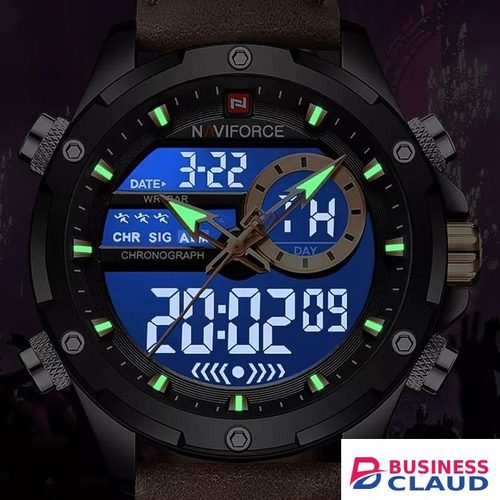 Naviforce Mens watch NF9208 Black strap leather fashion Analog/Digital