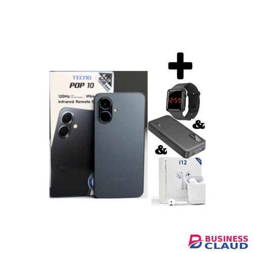 Tecno POP 10 Display: 6.67 Inches Upto 6GB Extended RAM + 64GB Storage, Battery: 5000 MAh--Black+Led Watch+Power Bank+Earpods