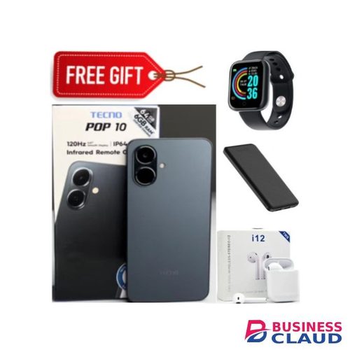 Tecno POP 10 Display: 6.67 Inches Upto 6GB Extended RAM + 64GB Storage, Battery: 5000 MAh--Black+Smart Watch+Power Bank+Earpods