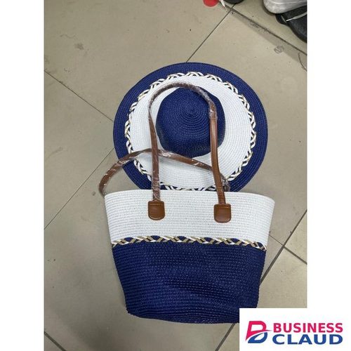 Women Straw Beach Tote Bag with Matching Sun Hat – Blue & White Perfect for beach, travel & summer use