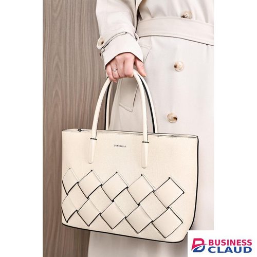 Elegant Beige Woven Handbag – Dual Handles with Decorative Square Pattern, Durable Structured Design
