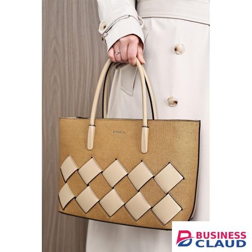 Elegant Tan Canvas Handbag – Cream Leather Handles & Decorative Woven Pattern, Durable Structured Design