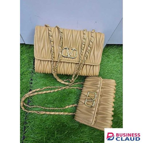 Elegant Beige Quilted Handbag Set – Two Sizes with Gold Chain Straps, Stylish V Logo & Durable Structured Design