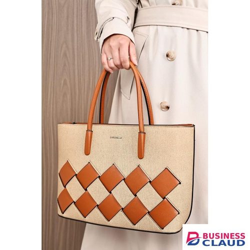 Elegant Beige Canvas Handbag – Brown Leather Handles & Decorative Pattern with Gold Clasp, Durable Structured Design