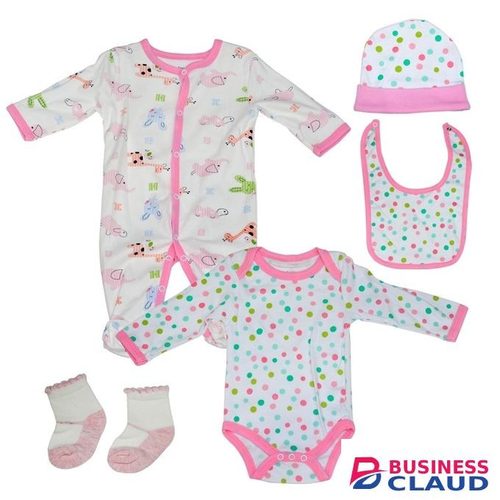 Baby Girl 5 Piece Jumpsuit Set - White & Pink