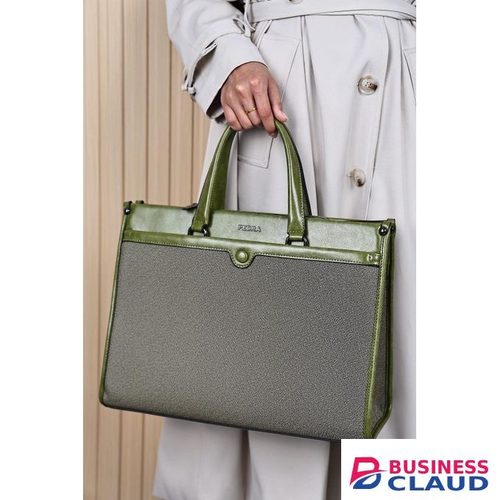 Elegant Gray Fabric Handbag – Green Leather Handles & Trim with Structured Design, Durable Everyday Accessory
