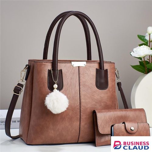 3in1 elegant designer faux leather handbag set with pom cham