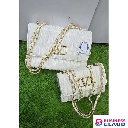 Elegant White Quilted Handbag Set – Two Sizes with Gold Chain Straps, Stylish VD Logo & Durable Structured Design