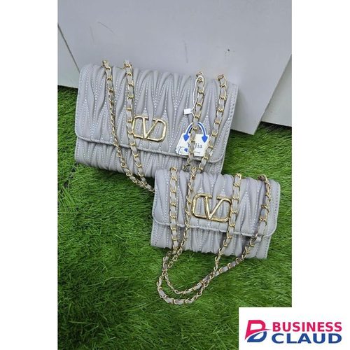 Elegant Light Gray Quilted Handbag Set – Two Sizes with Gold Chain Straps, Stylish V Logo & Durable Structured Design