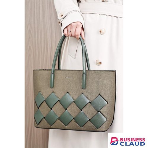 Elegant Olive Green Canvas Handbag – Dark Green Leather Handles & Decorative Diamond Pattern, Durable Structured Design