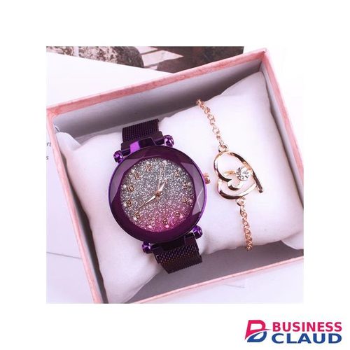 Women's WatchWatch + BraceletLeather Strap Casual Ladies Watch + Bracelet-violet