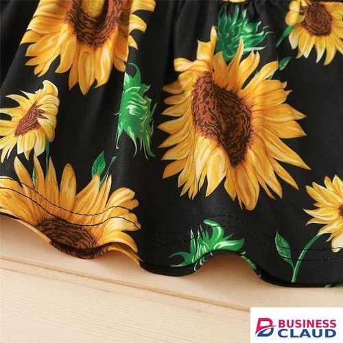 Catpapa Exclusive Perks for Loyal Customers!2-Piece Summer Outfit for Baby Girls 3-24 Months - Sunflower All-Over Print Round Neck Long-Sleeve Dress & Distressed Denim Pants with Free Hairband