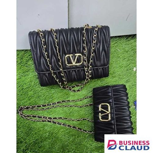 Elegant Black Quilted Handbag Set – Two Sizes with Gold Chain Straps, Stylish VD Logo & Durable Structured Design