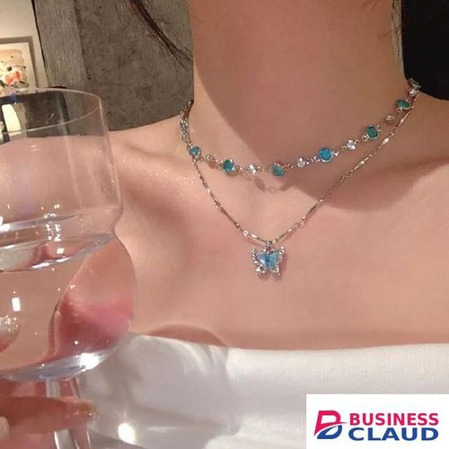 Romantic Blue Crystal Butterfly Necklace for Women Girls Simple Shiny Zircon Bilayer Choker Clavicle Chain