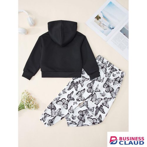 2-7Y Toddler Girls' Black Butterfly Print Hoodie & White Butterfly Pants Set