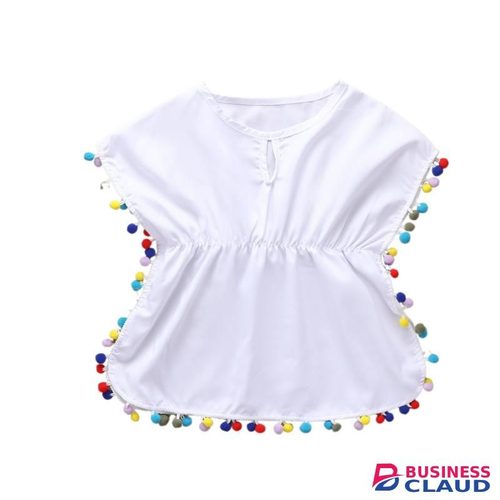 Girls White Cotton Tassel Beach Cover-up Dress with Colorful Pom Poms