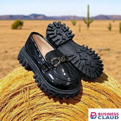 Kids' Black Patent Leather Loafers with Chain Detail. Chunky Platform Loafers for Kids, Girls' Shiny Black Penny Loafers with Lug Sole. Back-to-School Black Patent Leather Loafers, The Cool Kid's Black Patent Loafers. Classic Style