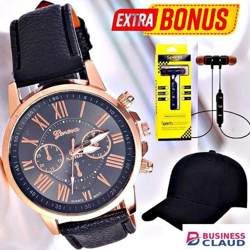 GENEVA Beauty Elegant Ladies Stylish Women’s Wristwatch // Sports Neck Hanging Earphone// Baseball Cap