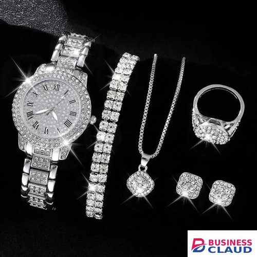 Women's Diamond Watch Ring Necklace Earrings Bracelet Set Fashion Wristwatch Female Casual Ladies Quartz Watches Jewelry Set