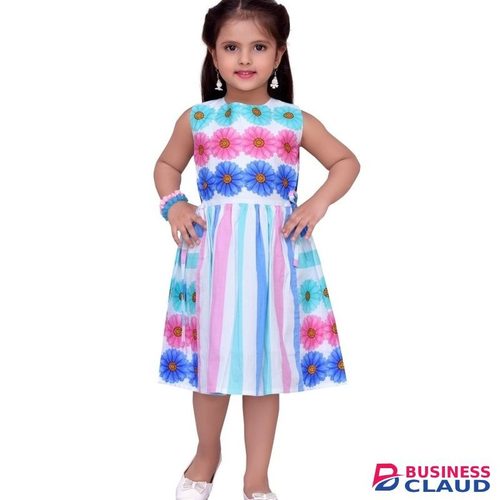 Ceemee Pink/Blue Sleevess Ccotton Dress with Floral Details