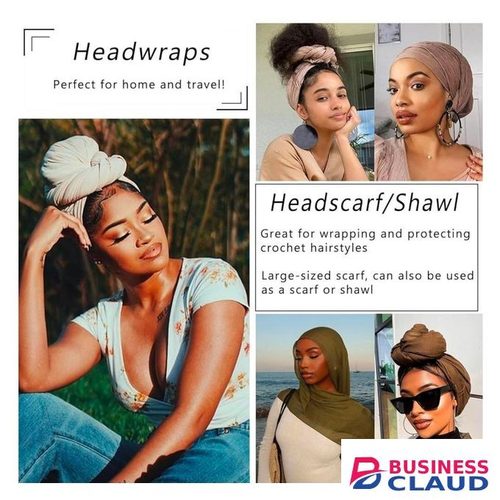 2 Piece Long Solid Color Stretch Head Wrap African Women's Jersey Turban Fashion Head Scarf Ultra Soft Extra Long Headwraps Lightweight Breathable Head Bands Ties for Women(Black+Army Green)
