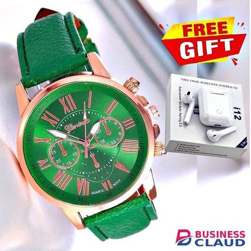 GENEVA Beauty Elegant Ladies Stylish Women’s Wristwatch // TWS i12 Earpods