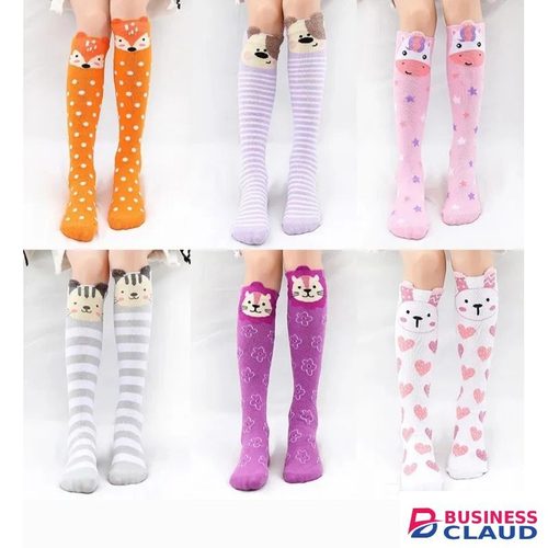 6 Pairs Girls Over The Knee/Calf Thick Cotton Socks With Cartoon Face Seasons