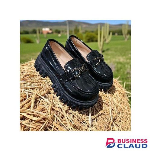 Kids' Black Patent Leather Loafers with Chain Detail. Chunky Platform Loafers for Kids, Girls' Shiny Black Penny Loafers with Lug Sole