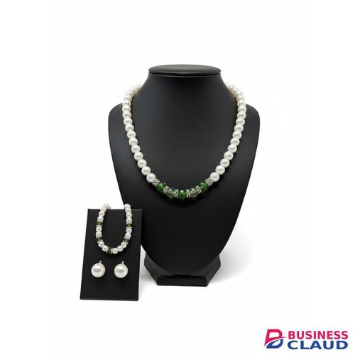 REMBO JEWELRY Classic White Pearl Set with Emerald Green Accents